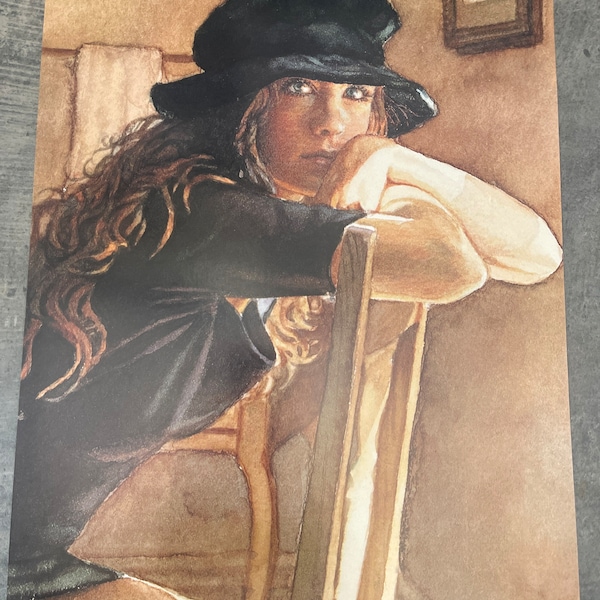 Steve Hanks, Woman in hat, with chair, Poster, Painting, Watercolor, Print, Art, Vintage, ~20-05-166