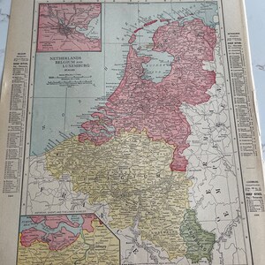France, Pays-Bas, Belgique, Luxenberg, 1914, Rand-McNally, carte, recto-verso, 14 x 10 po., géographie, histoire, papier, vintage, ~ M-17-04
