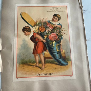 Kids with Flowers in a Giant Shoe, Antique Victorian Trade Cards from an Old Scrapbook, Advertisement, Collectible, ~ 240119-WH 121