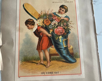 Kids with Flowers in a Giant Shoe, Antique Victorian Trade Cards from an Old Scrapbook, Advertisement, Collectible, ~ 240119-WH 121