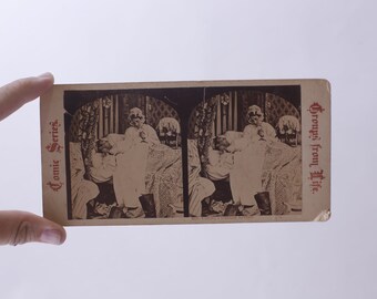 Palestra sobre cortina da Sra. Caudle, impressão fotográfica estereográfica, cartão estéreo, anos 1800, retrô, colecionável, ~ 240719-SHC SHC-039