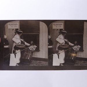 Stereoskop Karte, Dame, Hotel, Abreise, Alarm, H.C. White Co, Antik, Stereoskop, Stereografie, Druck, Bild, Vintage, ~ M-25-08