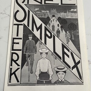 May include: A monochrome vintage poster promoting "Simplex" bicycles. The image shows cyclists on a road, with the word "Simplex" prominently displayed. The word "Sterk" is also visible. The poster has a classic art nouveau design.