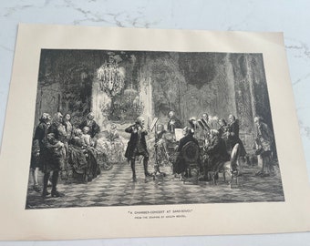 Un concerto da camera a Sans-Souci, Adolph Menzel, pagina del libro, 1888, stampa xilografica, tonalità seppia, legame medio, ~ 240317-WH M-03-06