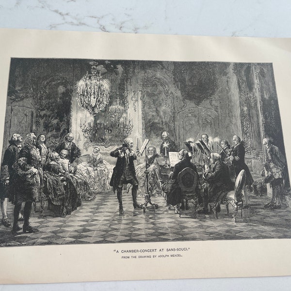 A Chamber-Concert At Sans-Souci, Adolph Menzel, Book Page, 1888, Woodcut Print, Sepia-tone, Medium-bond, ~ 240317-WH M-03-06