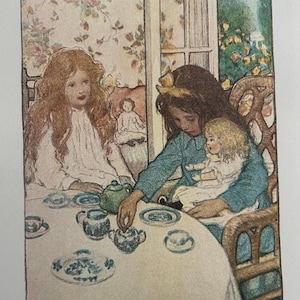 May include: An illustration depicting a tea party with two young girls. One girl holds a doll, while the other sits opposite. A teapot, cups, and saucers are arranged on the table. Floral wallpaper and a window form the backdrop.