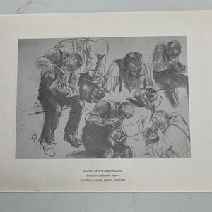 Adolf von Menzel, Studien eines Arbeiter essens, Zeichnung, Bleistift auf gelblichem Papier, Deutschland, Poster, Buchsticker, Kunst, 20-01-1039