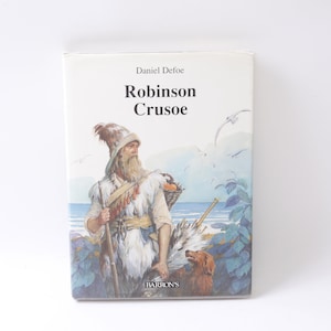 Robinson Crusoe, Daniel Defoe, Barron&#39;s, Hardcover, Slipcover, Child Reading, Classics, Adventure, Novel, Vintage, ~20-13-436