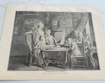 La stanza di lavoro di un pittore, Nicolaus Chodowiecki, Bambini, Famiglia, Pagina di libro, 1888, Stampa xilografia, Tonalità seppia, Arte, ~ 240317-WH M-03-06