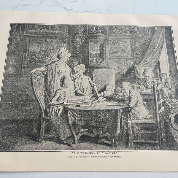 The Work-Room Of A Painter, Nicolaus Chodowiecki, Children, Family, Book Page, 1888, Woodcut Print, Sepia-tone, Art, ~ 240317-WH M-03-06