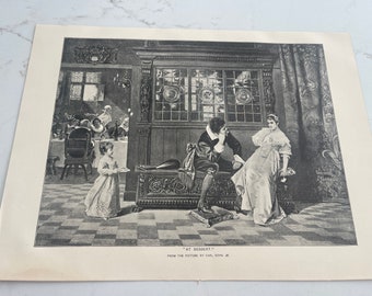 En el postre, Carl Sohn Jr, conversación de pareja, página del libro, 1888, grabado en madera, tono sepia, enlace medio, ~ 240317-WH M-03-06
