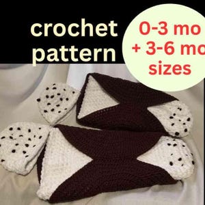 May include: Crochet pattern for baby booties and matching hats. The booties are dark brown with white accents, and the hats are white with black polka dots. The image includes text that says "crochet pattern" and "0-3 mo + 3-6 mo sizes."