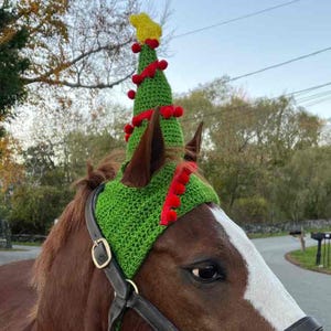 May include: A brown horse adorned with a green crocheted Christmas tree hat, decorated with red pom-poms and a yellow star. The horse also wears a green crocheted head covering with red trim.