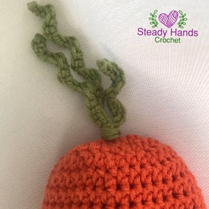 May include: A crocheted carrot toy with a green leafy top. The carrot is orange and the leaves are green. The toy is made with a single crochet stitch.