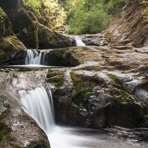 May include: A cascading waterfall flows over moss-covered rocks in a lush green forest. The water is clear and the rocks are a mix of brown and gray.