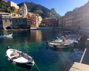 Boats docked in Vernazza Italy Print