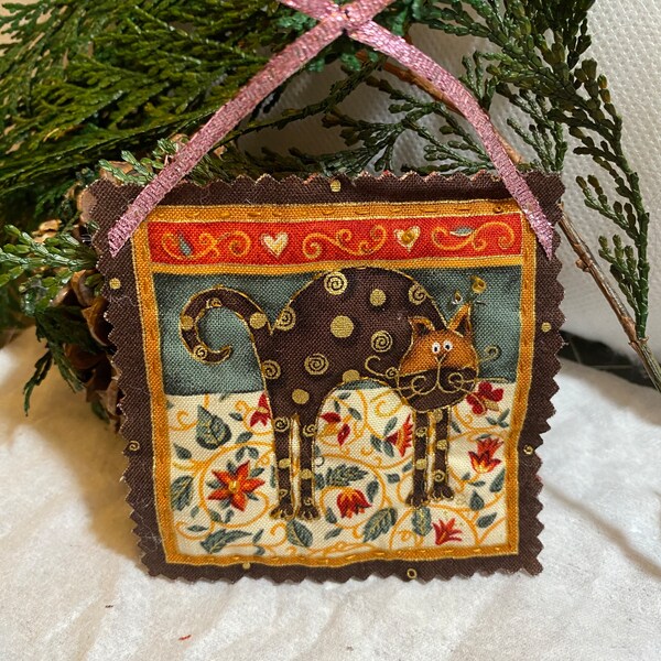 Hand Quilted Beaded Kitty Cat Christmas Tree Ornament/Kitten Holiday Ornament/Crazy Cat Lover Gift