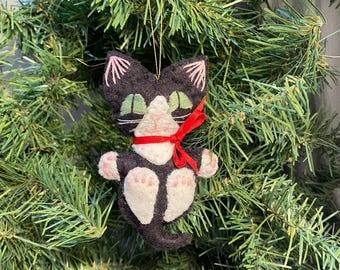 Black Tuxedo Kitty Christmas Ornament: Handmade Wool Felt Cat Lover Gift