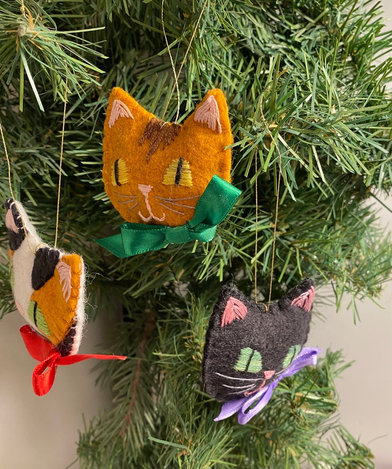 Cat Face Trio Ornament Set/hand Embroidery/kitty Tree Ornaments/safe