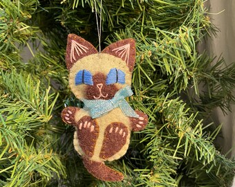 Siamese Cat Ornament: Handmade Wool Felt Kitty, Embroidered Details