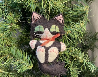 Handmade Black Tuxedo Cat Christmas Ornament: Wool Felt Kitten