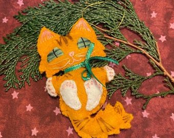 Handmade Orange Tabby Cat Ornament: Wool Felt Kitty Christmas Decor