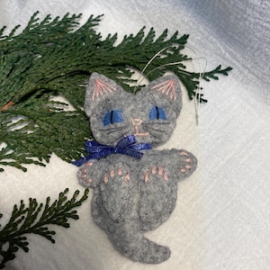 Grey Kitty Wool Felt Ornament: Embroidered Cat Lover Gift