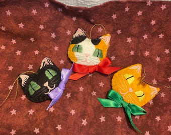 Hand Embroidered Cat Face Ornament Set: Wool Felt Kitty Ornaments