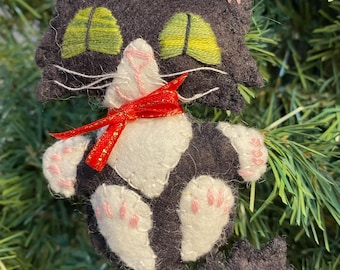 Felt Black Tuxedo Cat Christmas Ornament: Handmade Wool Kitty