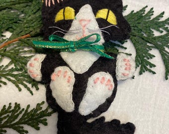 Black Tuxedo Kitty Christmas Ornament: Handmade Felt Cat Lover Gift