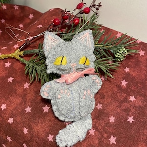 Gray Angora Kitty Cat Christmas Ornament: Handmade Wool Felt Kitten