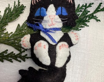Handmade Felt Black Tuxedo Cat Christmas Ornament - Cat Lover Gift