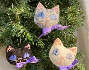 Hand Embroidered Cat Face Ornament Set: Wool Felt Kitty Ornaments