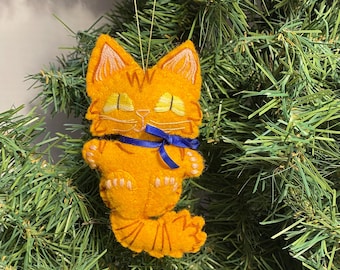 Handmade Orange Tabby Cat Ornament: Wool Felt Kitty Christmas Decor
