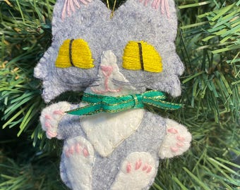Felt Gray Tuxedo Cat Ornament: Handmade Kitty Gift