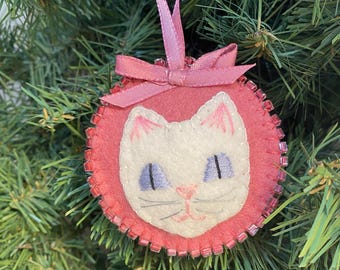 Hand Embroidered Wool Felt Cat Ornament: White Kitty Keepsake
