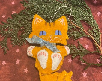 Handmade Orange Tabby Cat Christmas Ornament: Wool Felt Kitty