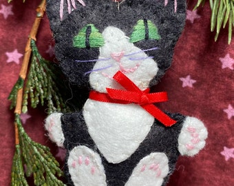 Tuxedo Kitty Ornament/Crazy Cat Lady/Black and White Cat Ornament/Felt Tuxedo Kitten/Cat Lover Gift