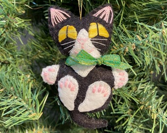 Black Tuxedo Kitty Christmas Ornament: Handmade Felt Cat Lover Gift