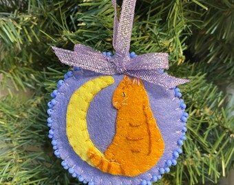 Hand Embroidered Orange Tabby Cat Wool Felt Ornament