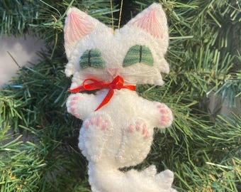 White Angora Kitty Cat Christmas Ornament: Handmade Felt Kitten