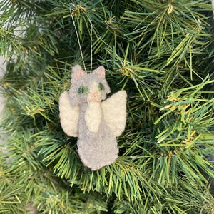 Gray Tuxedo Cat Angel Ornament: Hand-Embroidered Wool Felt Kitty