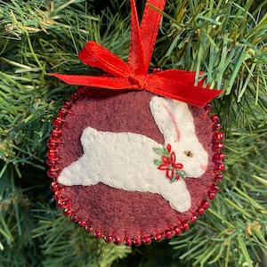 White Bunny Wool Felt Ornament/Hand Embroidery/Rabbit Tree Ornaments/White Bunny Rabbit Lover Gift/Handmade Gift/Best Friend Gift