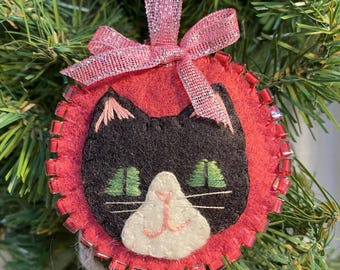 Handmade Tuxedo Cat Christmas Ornament: Embroidered Wool Felt