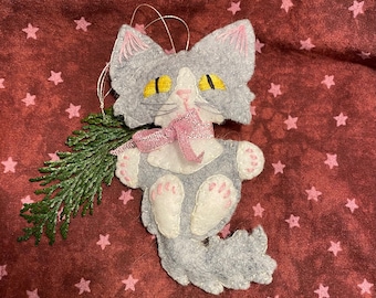 Gray Tuxedo Kitty Ornament/Crazy Cat Person Gift/Long Hair Grey Cat Ornament/Felt Tuxedo Kitten/Cat Lover Gift