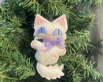 Handmade Solid White Angora Kitty Cat Christmas Ornament -  Cat Lover Gift