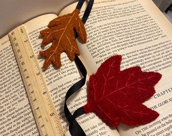 Embroidered Felt Autumn Leaf Bookmark: Maple & Oak