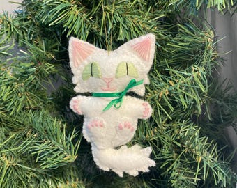 Solid White Angora Kitty Cat Christmas Ornament: Handmade Felt Kitten