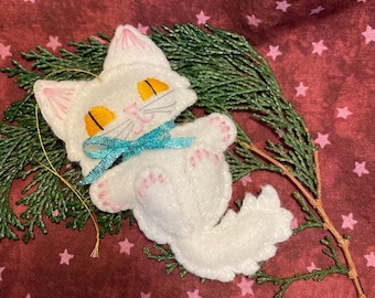 Hand Embroidered White Kitty Cat Christmas Ornament