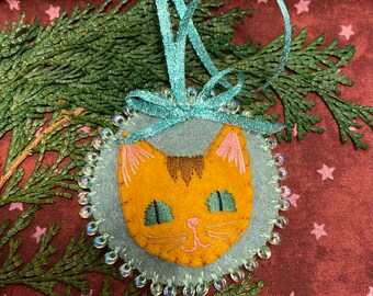 Hand Embroidered Orange Tabby Cat Wool Felt Ornament